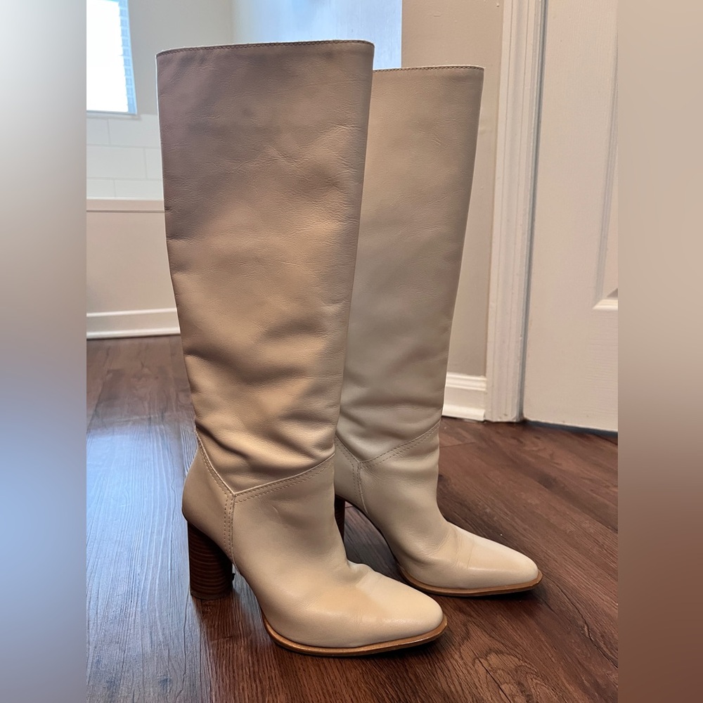 Zara Cream Heeled Knee-High Boots